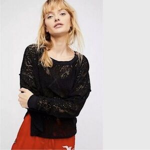 Free People | Women’s Black Embroidered Lace Not Cold In This Crewneck Top Sz M